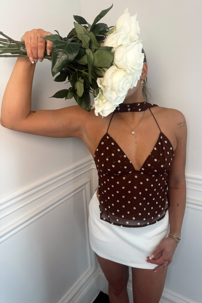 トップス BEEDEN DOTS SCARF NECK TOPS ASOS DESIGN satin scarf neck top in choc polka dot - part of a set