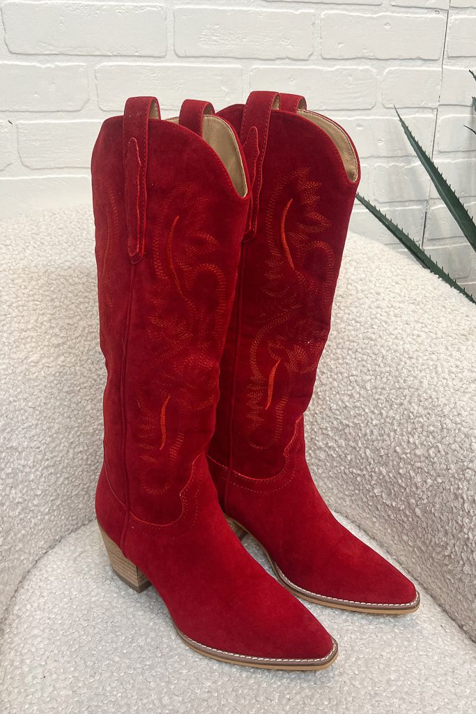 Hanan Suede Cowgirl Boots - Red