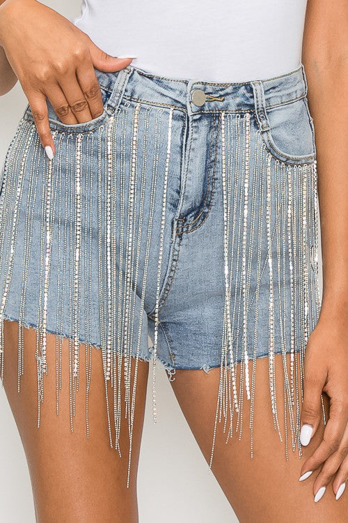 Denim shorts with rhinestone fringe on sale