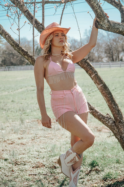 Hot Pink Fringe Rhinestone Shorts