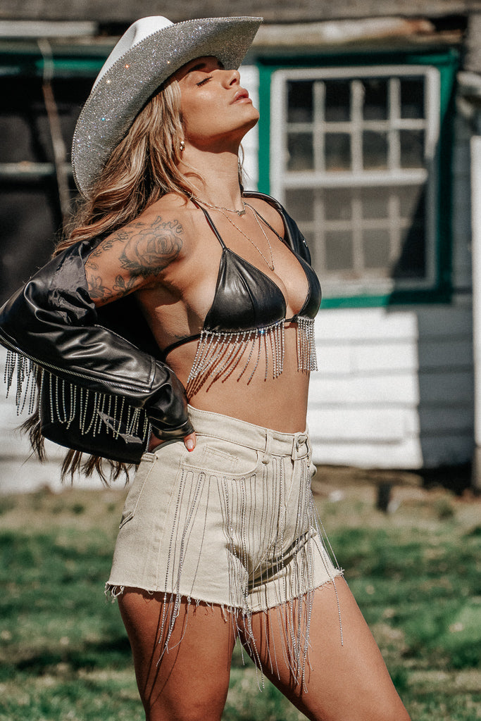 Wild West Rhinestone Fringe Shorts- Tan – Trendy and Tipsy