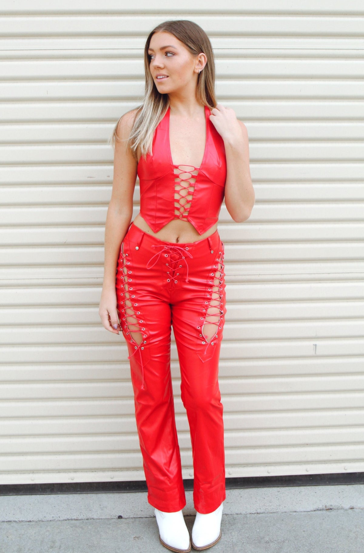 Red Hot Leather Lace Up Pants