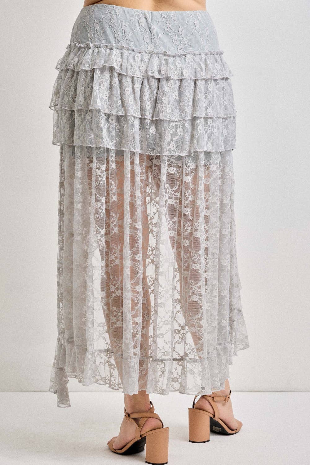 Lace Ruffle Tiered High-Low Maxi Skirt