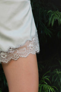 TICTOC - LUNETTE XS Scalloped Eyelash Lace Trim Satin Shorts: Black / 1 XS • 2 SMALL • 2 MEDIUM • 1 LARGE