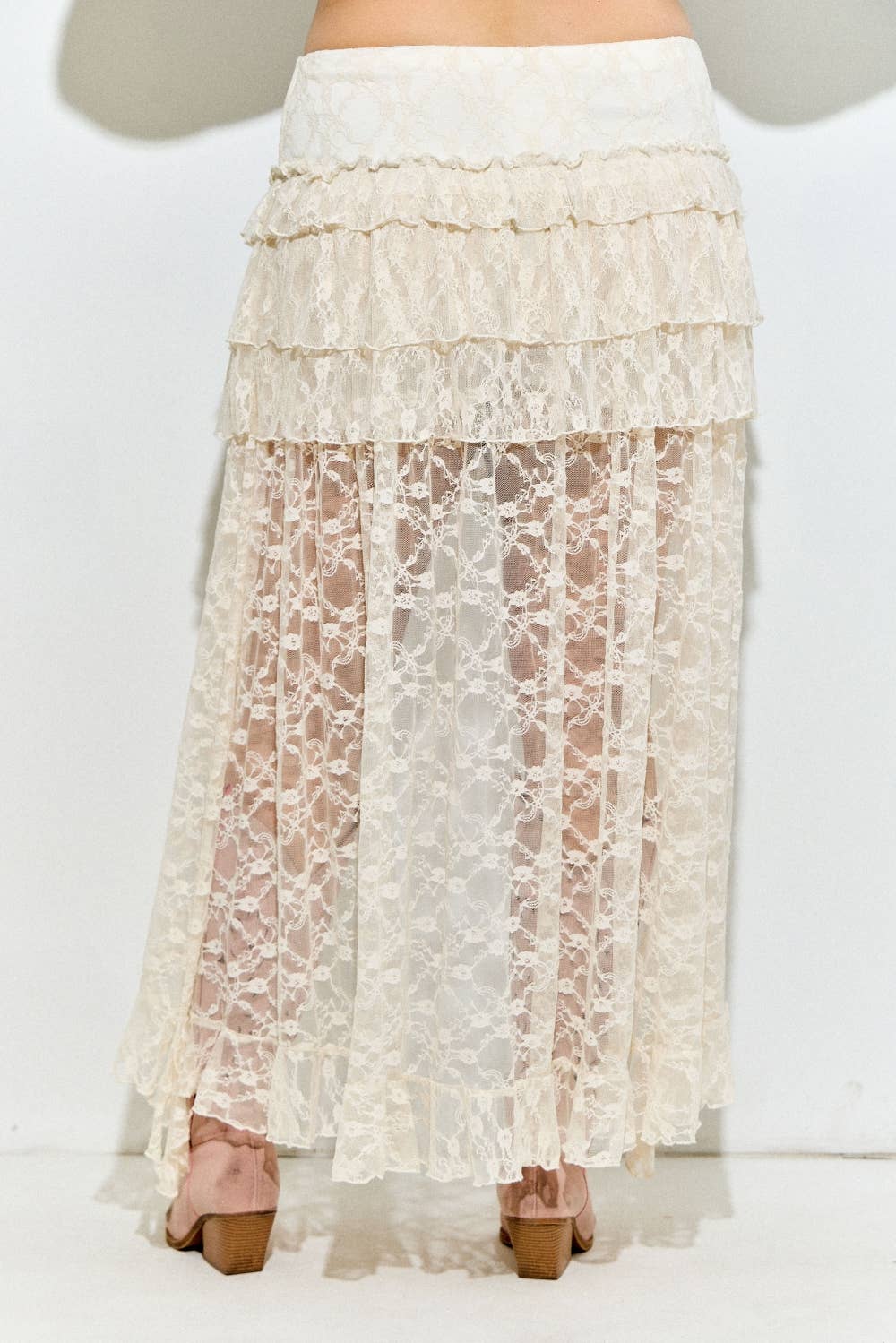 Lace Ruffle Tiered High-Low Maxi Skirt