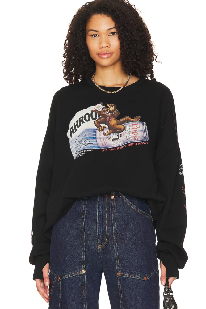 Black crew neck sweatshirt with a coors graphic logo