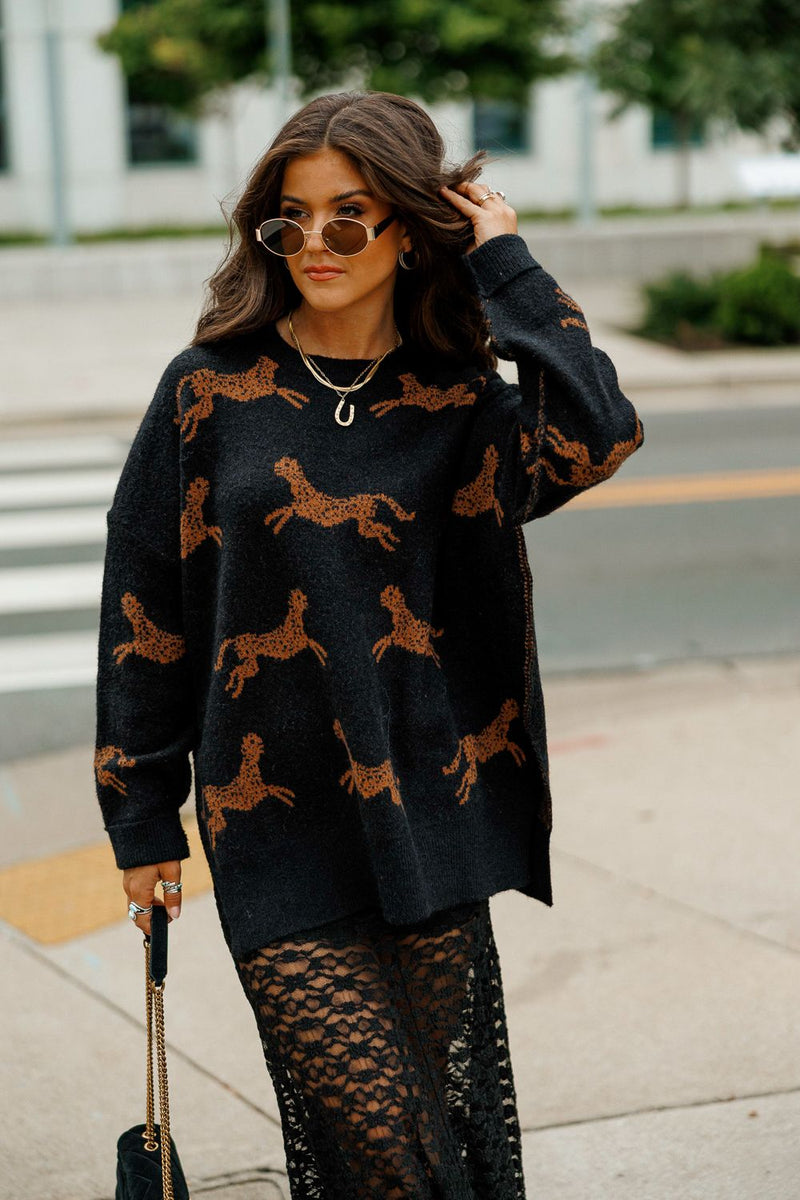 CHEETAH DESIGN KNIT SWEATER: Black