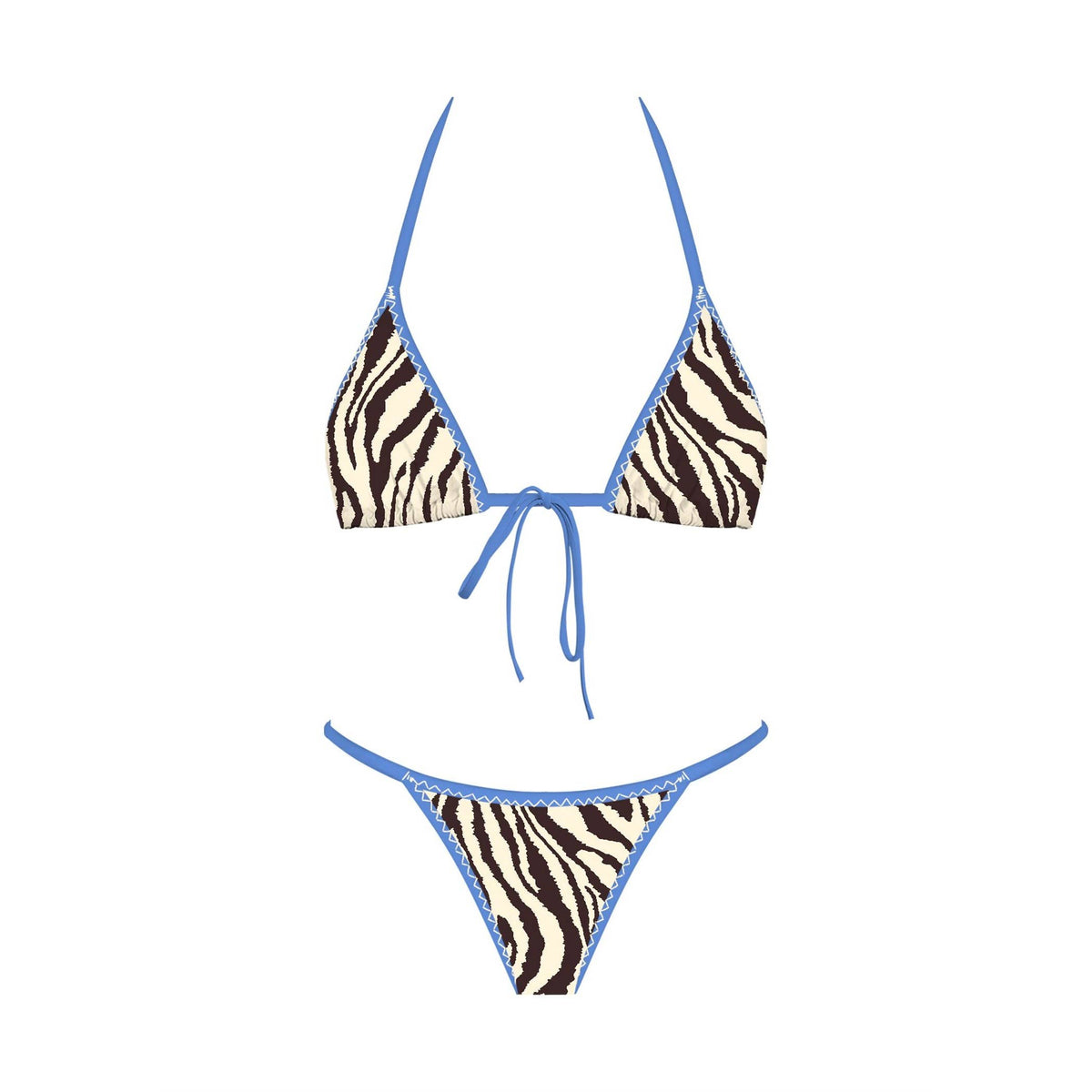 Zebra print bikini with blue straps on a white background