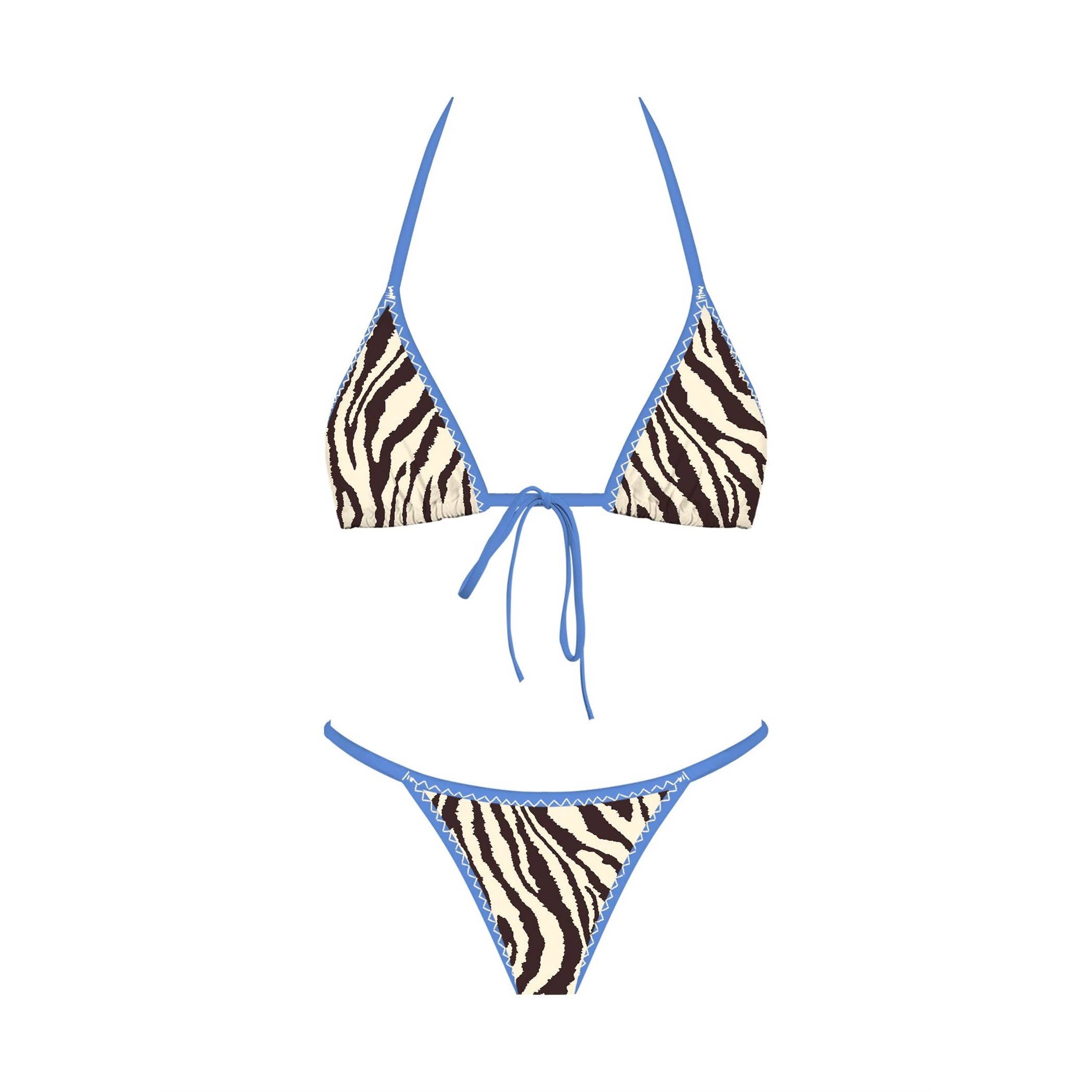 Zebra print bikini with blue straps on a white background