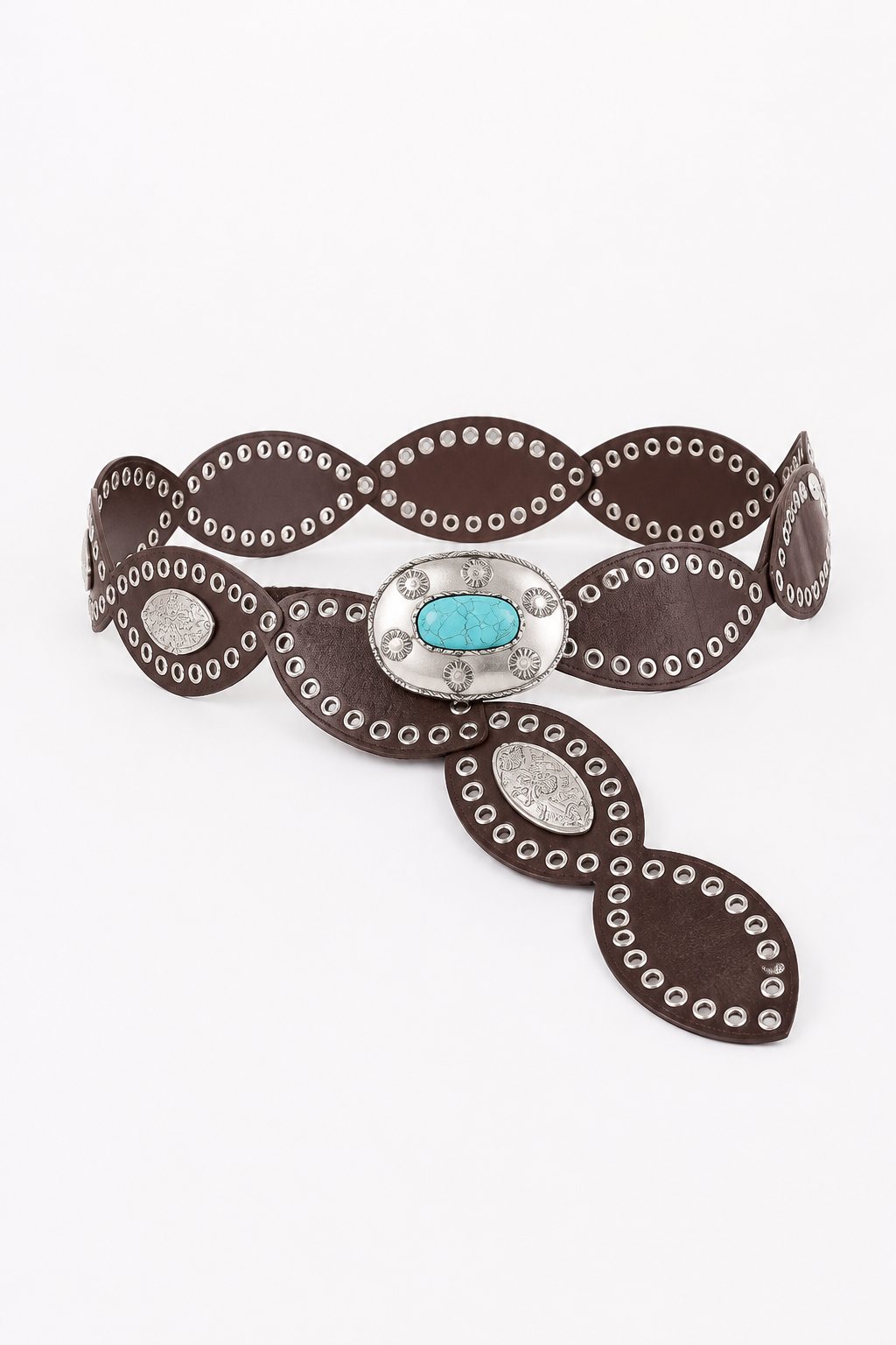 A brown leather belt with silver-tone conchos and studs, featuring a central turquoise stone inlay on a white background.