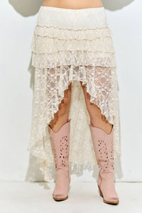 Lace Ruffle Tiered High-Low Maxi Skirt