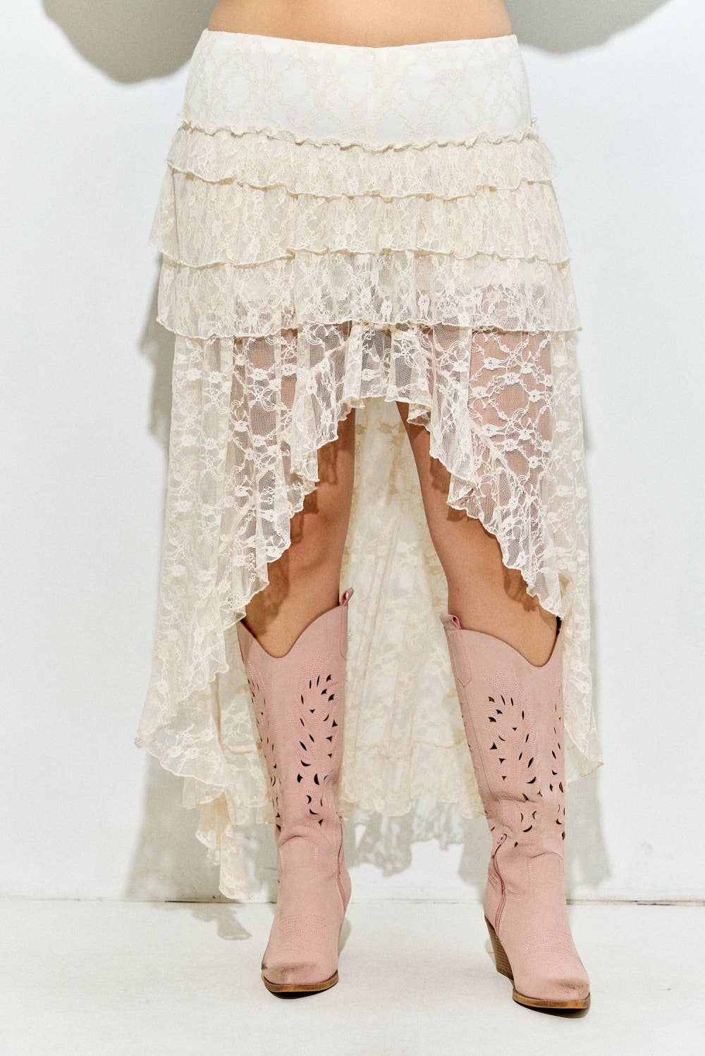 Lace Ruffle Tiered High-Low Maxi Skirt
