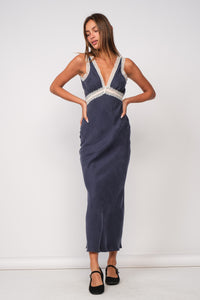 Sophia Satin Lace Maxi Dress - Navy