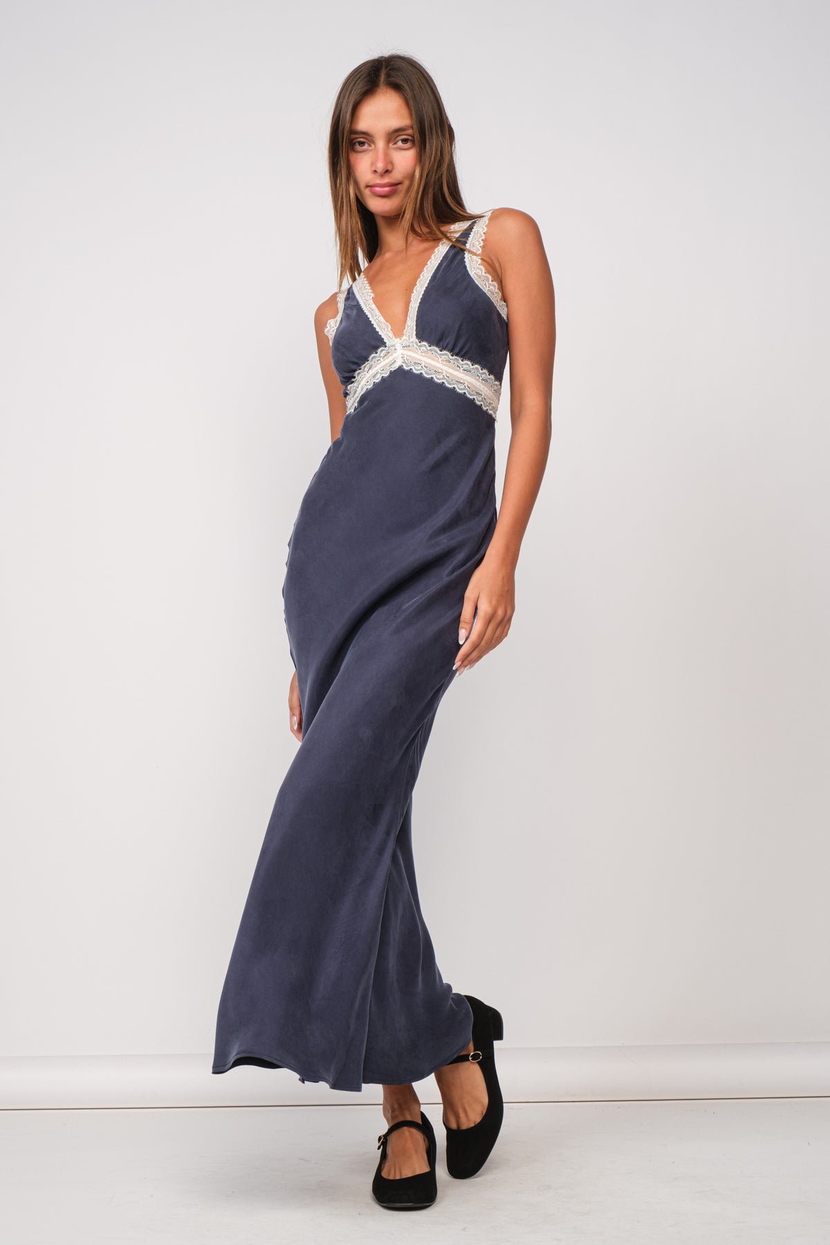 Sophia Satin Lace Maxi Dress - Navy