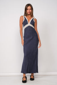 Sophia Satin Lace Maxi Dress - Navy