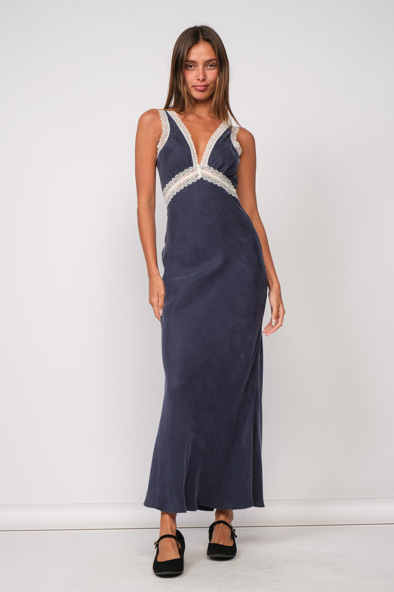 Sophia Satin Lace Maxi Dress - Navy