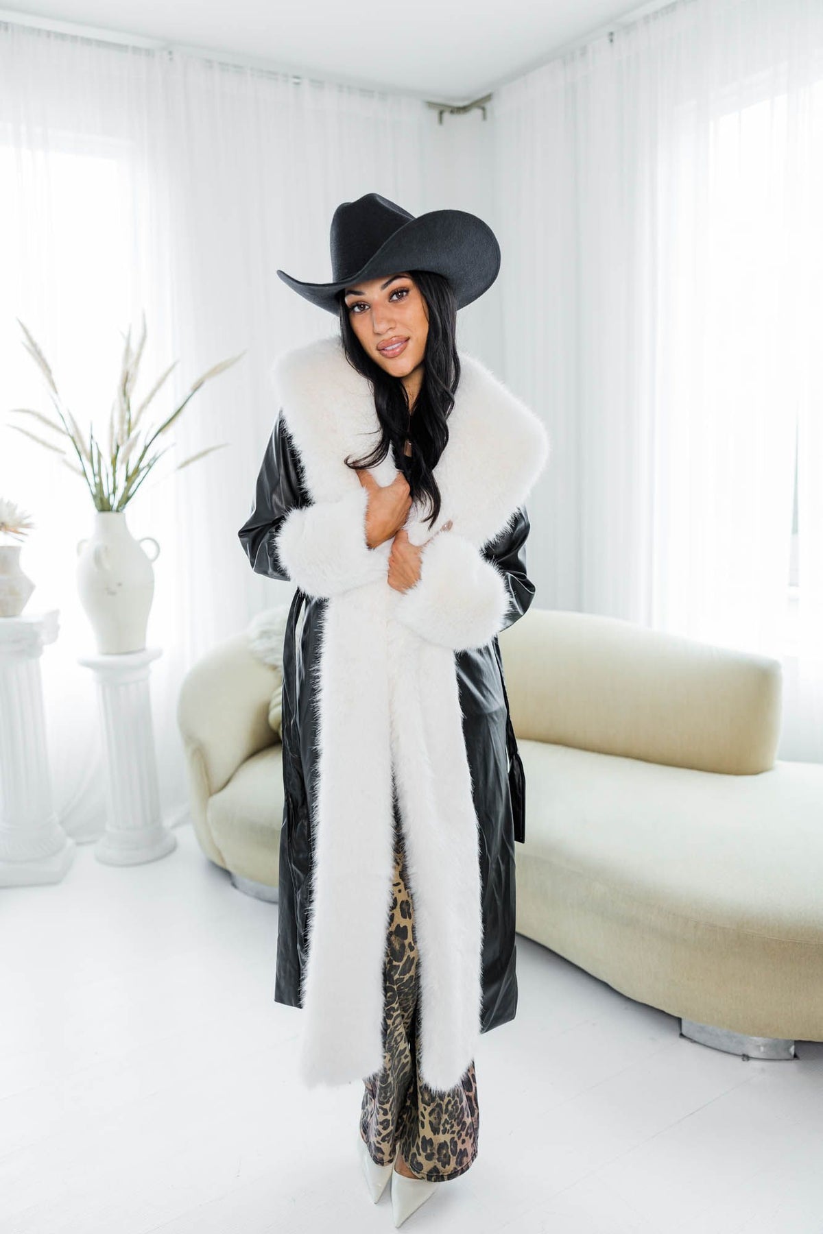 Mercedes Long Fur Faux Leather Coat- Black