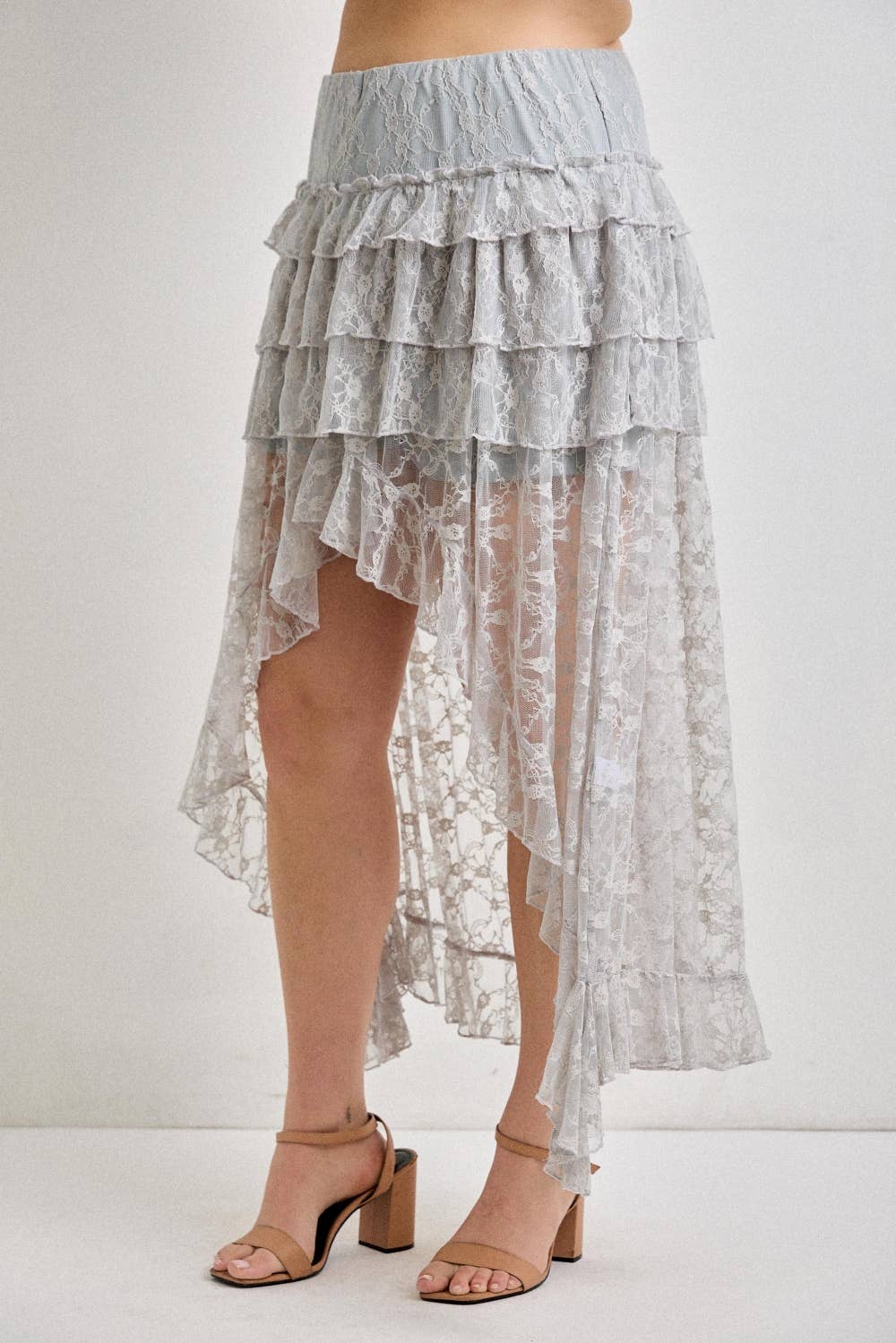 Lace Ruffle Tiered High-Low Maxi Skirt