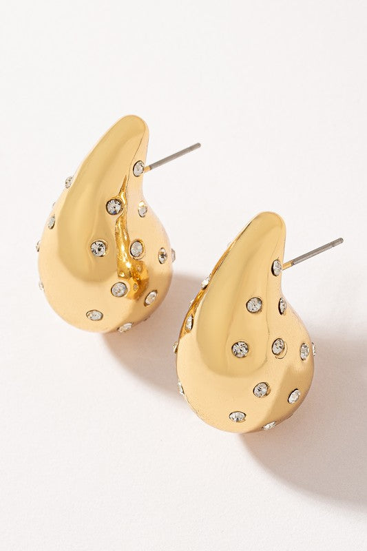 Rhinestone Teardrop Earrings - Gold