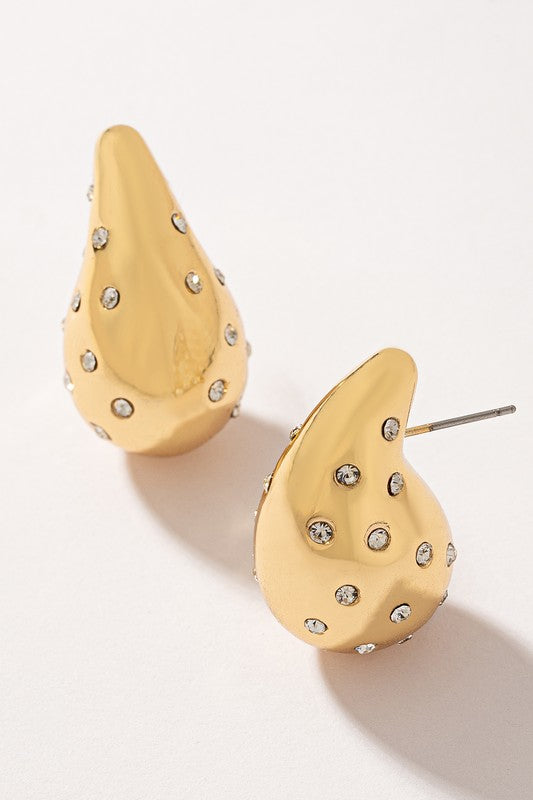 Rhinestone Teardrop Earrings - Gold