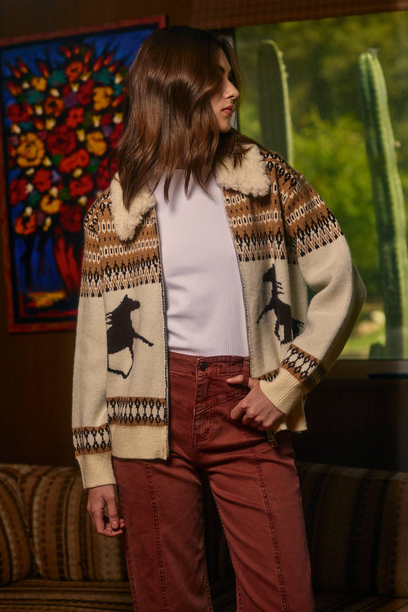 Wild Mustang Jacquard Zip Sweater