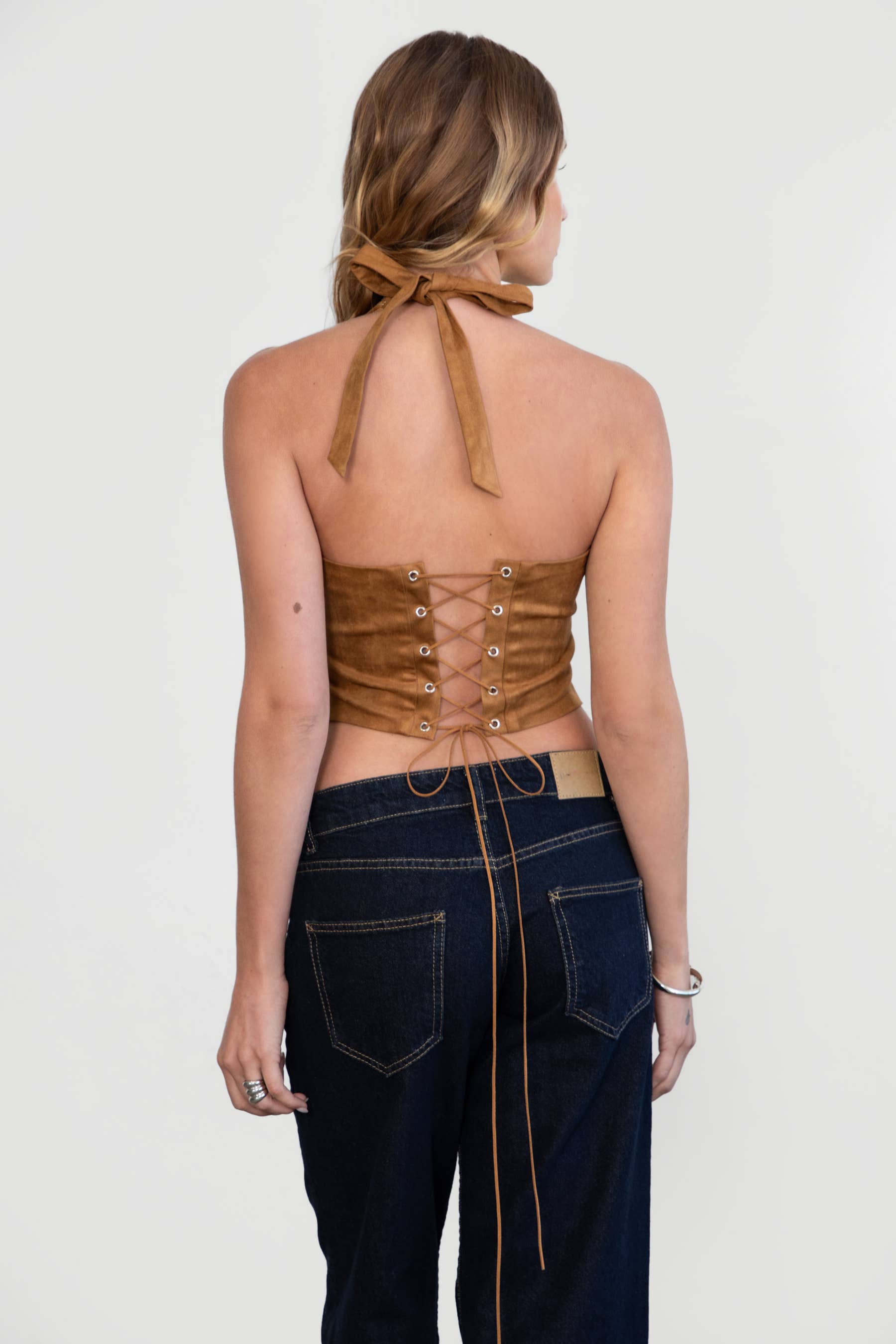 Margee Embroidered Suede Halter Top - Tan