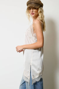 Lace Trim Satin Tank Top: Champagne