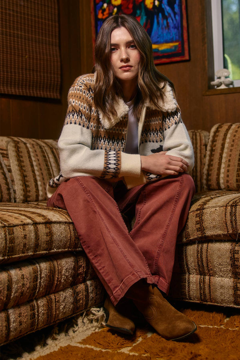 Wild Mustang Jacquard Zip Sweater