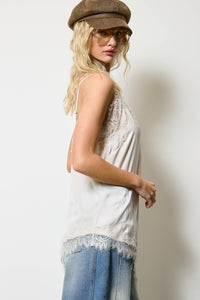Lace Trim Satin Tank Top: Champagne