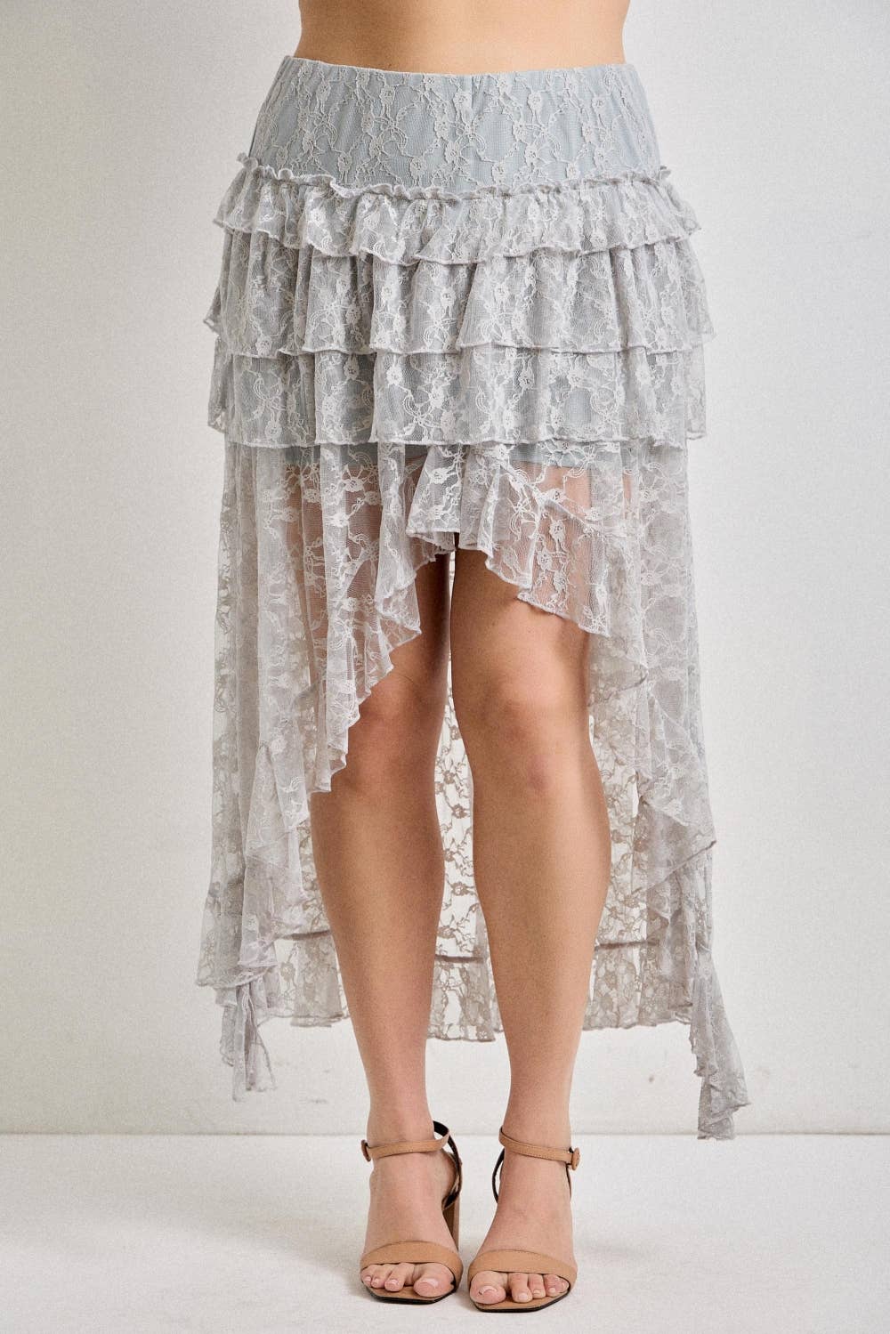 Lace Ruffle Tiered High-Low Maxi Skirt