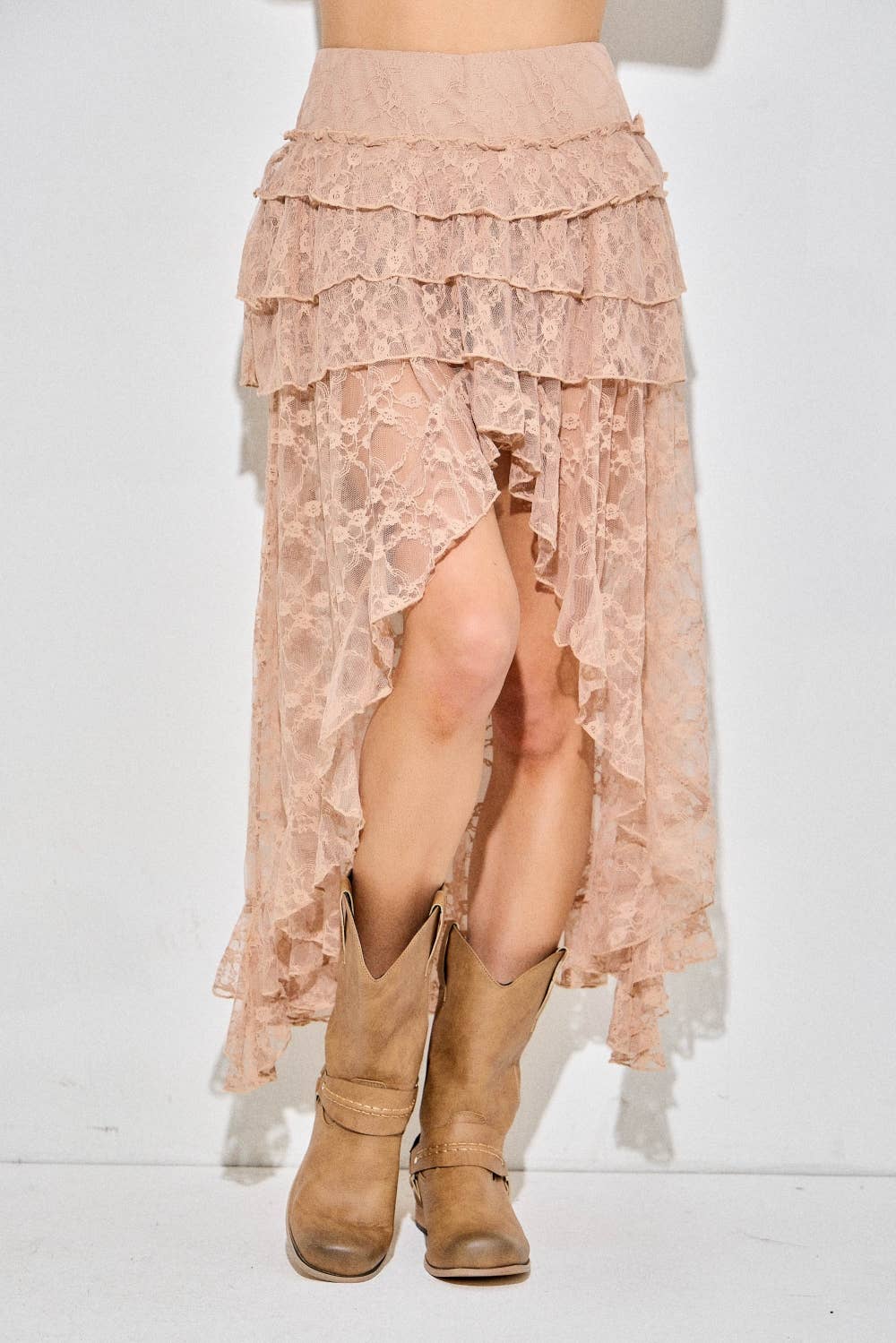 Lace Ruffle Tiered High-Low Maxi Skirt