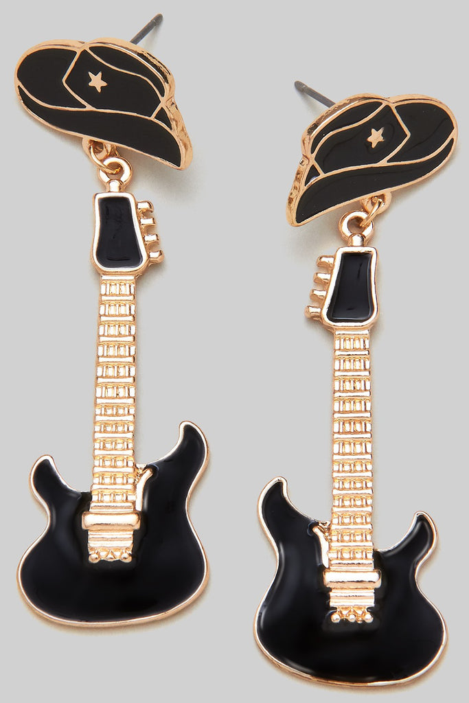 Guitar Rhinestone Earrings - Black/Gold