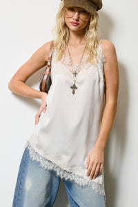 Lace Trim Satin Tank Top: Champagne