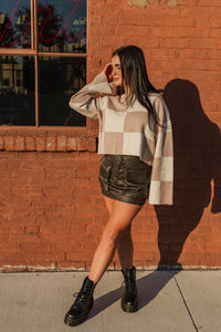 Brentwood Checkered Cropped Sweater- Taupe