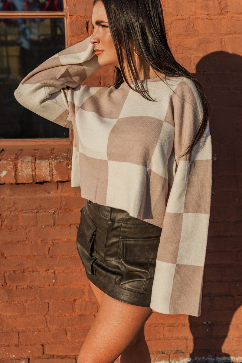 Brentwood Checkered Cropped Sweater- Taupe