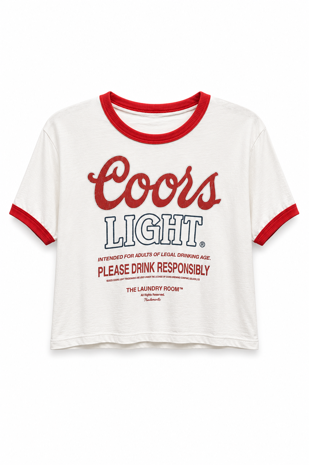A white ringer t-shirt with red trim on the crew neck and sleeve cuffs, featuring a red and white Coors Light graphic print on the front.