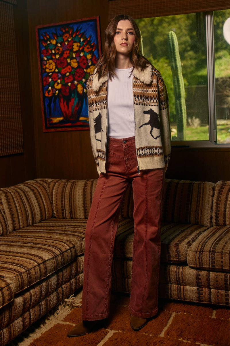 Wild Mustang Jacquard Zip Sweater