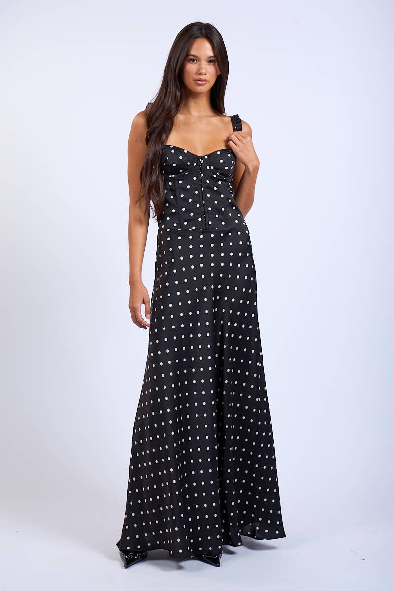 Rustic Charm Maxi Dress- Black Polka Dot