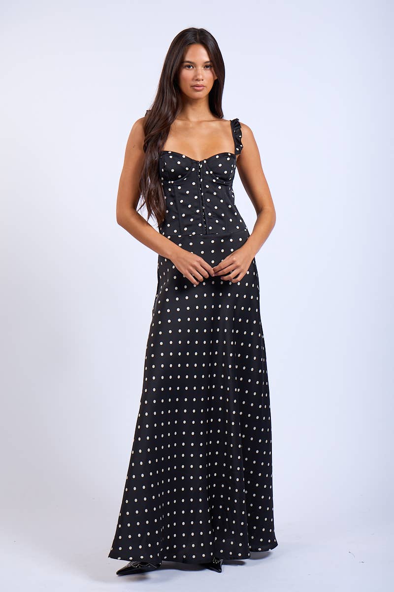 Rustic Charm Maxi Dress- Black Polka Dot