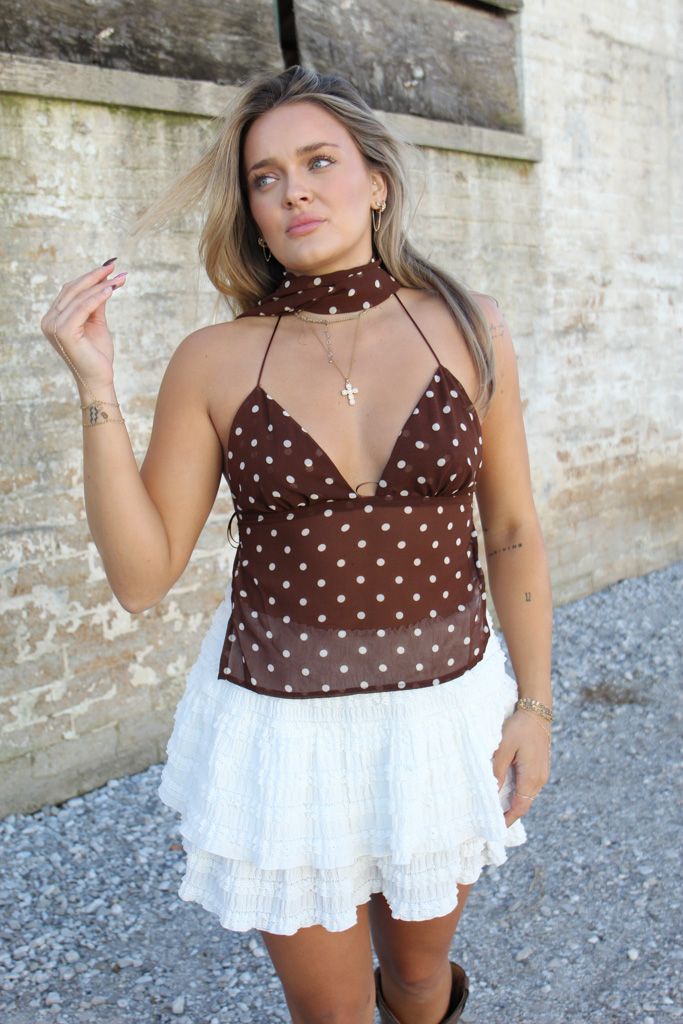 トップス BEEDEN DOTS SCARF NECK TOPS ASOS DESIGN satin scarf neck top in choc polka dot - part of a set