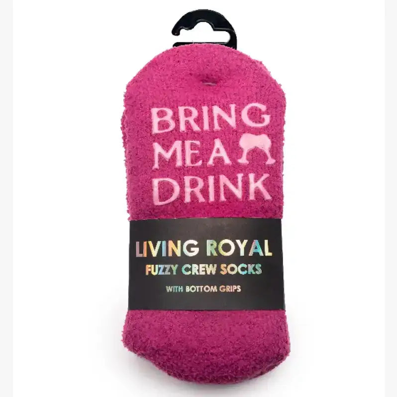 Living Royal - Fuzzy Crew Socks w/ Bottom Grip Phrase - "Tini Time" - White