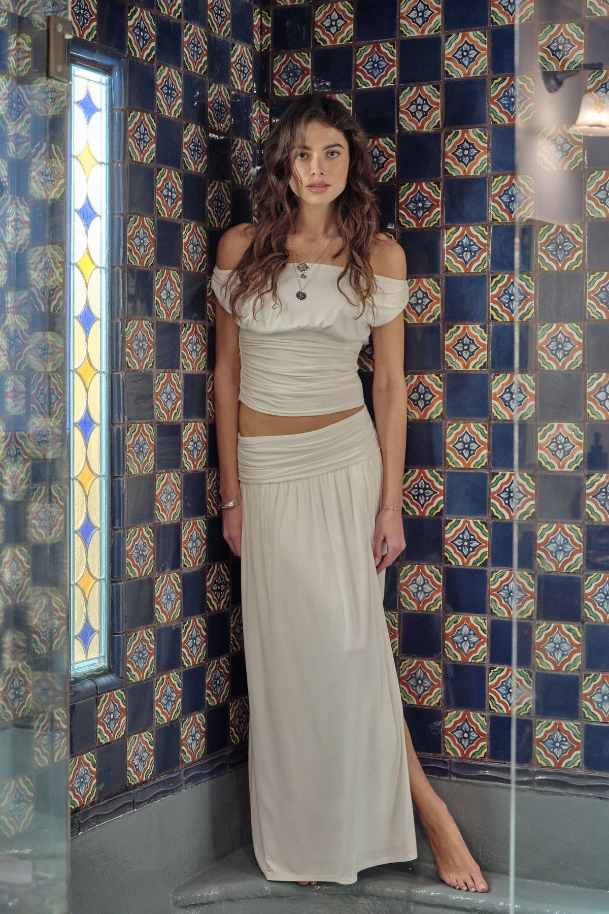 Farrah Ruched Maxi Skirt- White
