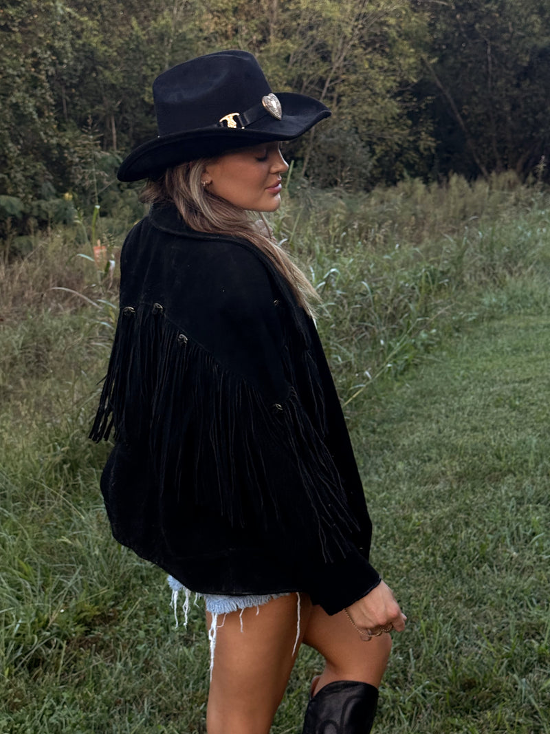 American Line Suede Fringe Jacket- Black