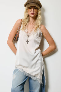 Lace Trim Satin Tank Top: Champagne