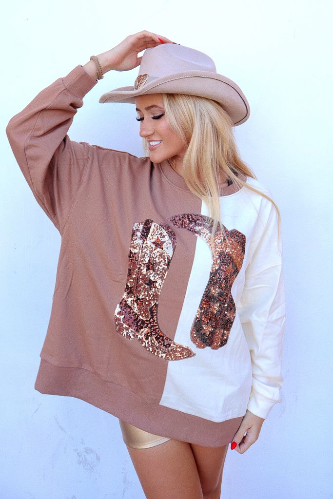 Rhinestone Cowgirl Boot Colorblock Sweater