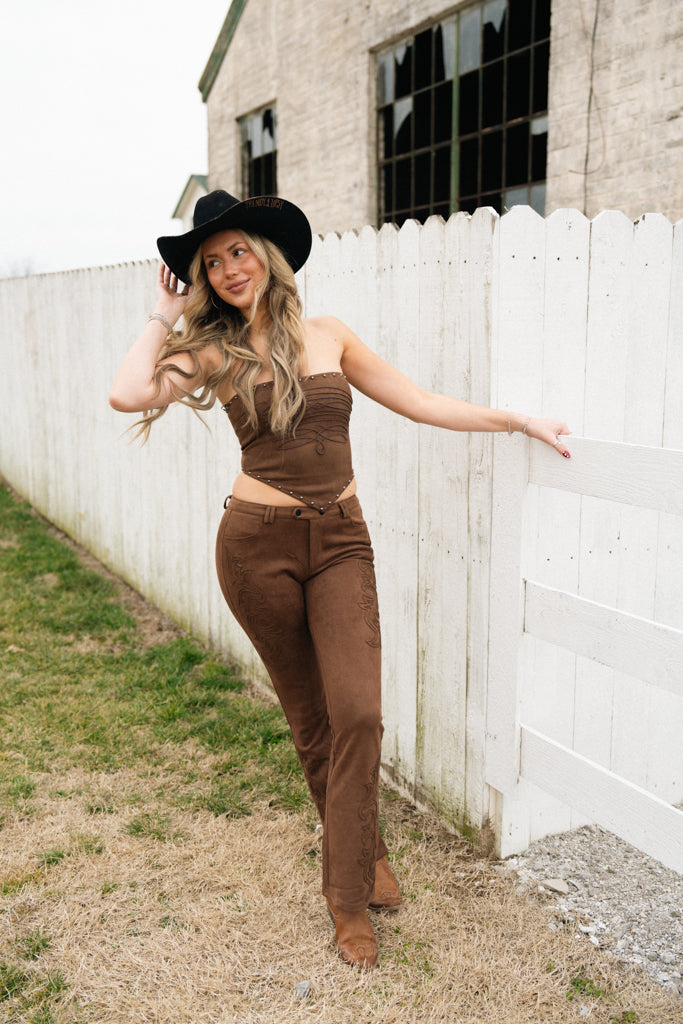 Zahara Suede Western Embossed Pants