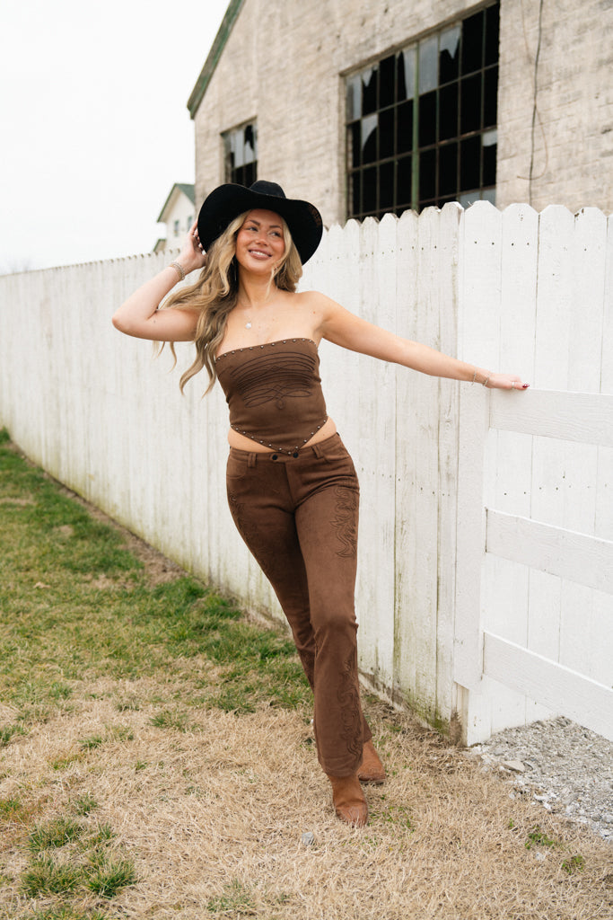 Zahara Suede Western Embossed Pants – Trendy and Tipsy