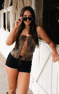 Dakara Distressed Leather Lace-Up Top