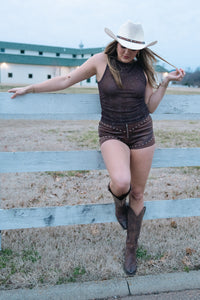 Rebel Rodeo Studded Micro Shorts- Brown