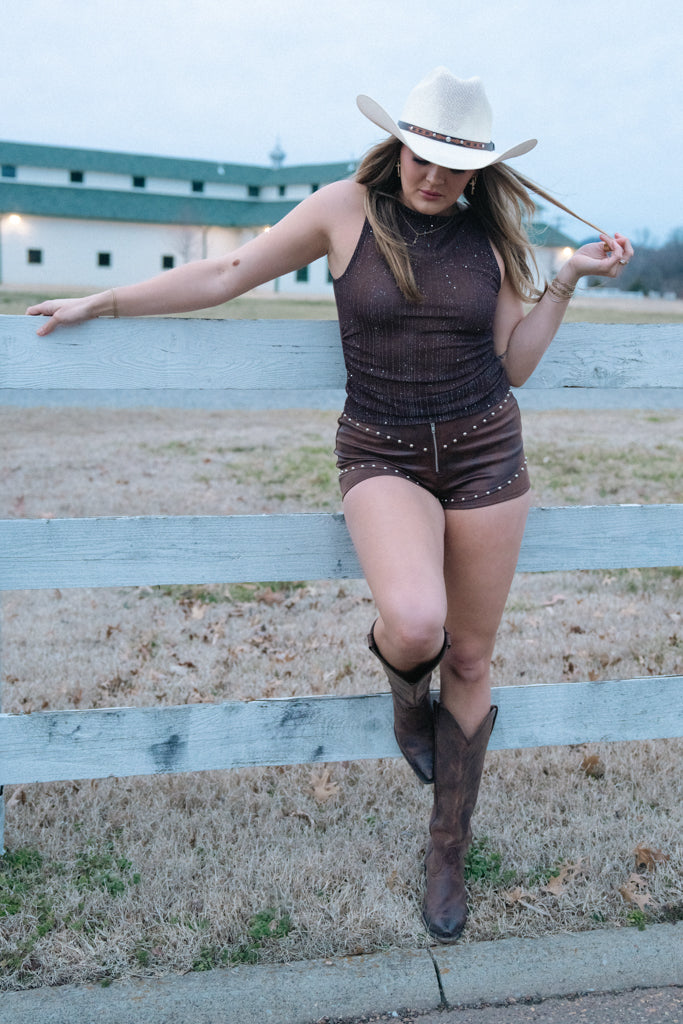 Rebel Rodeo Studded Micro Shorts- Brown